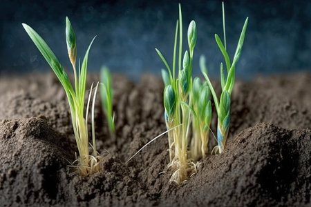 Wheat seedlings at their early stages of growth. Wheat seedlings in the dirt are growing. Generative AIの素材