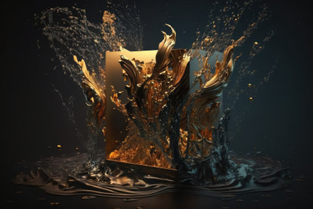 With a dark backdrop, a golden metal can is creating a splash in the water. Generative AIの素材