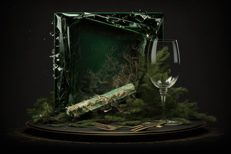 image of a present box on a dinner plate in half. branches of a fir christmas tree Santa Claus cap made of a conifer and goblets of broken glass on a dark background. Generative AIの素材