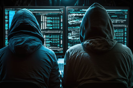 back view of hackers pointing on computer screens. dangerous terrorists. Generative AIの素材
