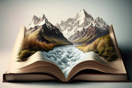 book with a river and a mountain. Generative AIの素材