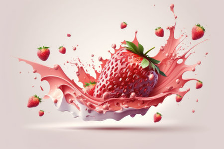 realistic strawberry juice splash . Pink berry fruit juice is a sign of a summer vacation in the tropics. Illustration of a fresh vitamin sweet liquid flowing in motion on a white backdrop. Generative AIの素材
