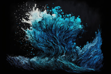 layers of blue ink and watercolor on a backdrop of black paper. impacts of dry brushstrokes. Generative AIの素材