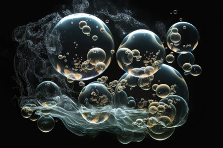 bubbles of oxygen in the water on a dark backdrop. Generative AIの素材