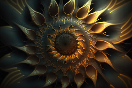 Yellow petals of an abstract sunflower symmetry. Generative AIの素材