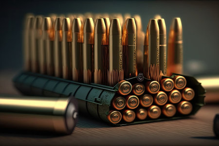 On the table are live ammo closeup cartridges. Generative AIの素材