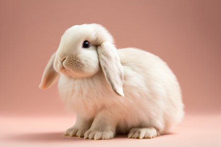 White young Holland lop rabbit standing in front of a pink backdrop. Lovely movement by the juvenile rabbit. Generative AIの素材