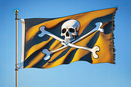 pirate flag jolly roger isolated on a blue sky horizontal banner. Generative AIの素材