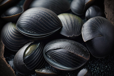 black clams, fresh, in close up. Generative AIの素材
