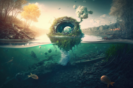 catastrophe ecology river underwater underwater ecology contamination of the environment. Generative AIの素材