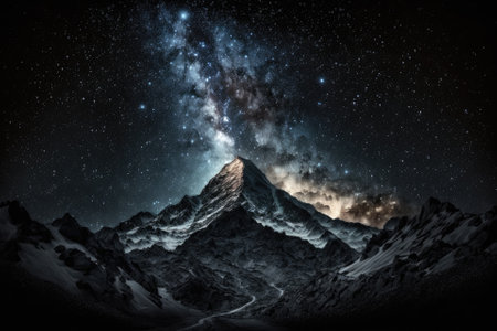 starry night backdrop with the milky way galaxy sweeping across the mountain crest. Generative AIの素材