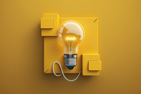 An innovative concept or inspiration design with a yellow lightbulb, an electrical emblem, and a symbol for problem solving is represented by the creative idea sign on a startup business backdrop. Generative AIの素材