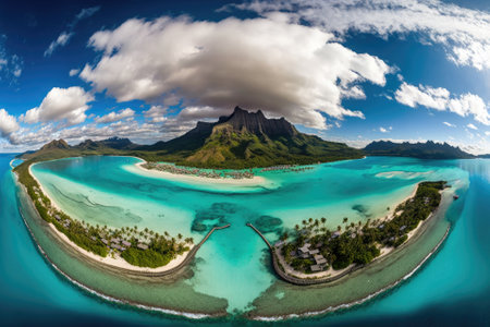 panoramic overhead picture of the Otemanu mountain, white sand beach, turquoise lagoon, and luxury overwater villas at Bora Bora, Tahiti, French Polynesia (Bora Bora Aerial). Generative AIの素材