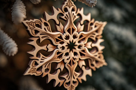 An ornament in the form of a wooden snowflake is shown up close on a pine tree. Generative AIの素材
