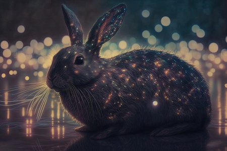 Black water bunny with a background of hazy Christmas lights created by an artificial intelligence (AI) neural network. Generative AIの素材