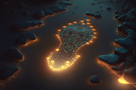 idea of a digital footprint, a graphic of a footprint in the form of a future pattern, and an aspect of digital technology. Generative AIの素材