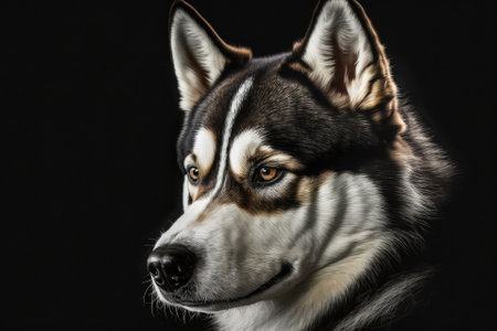 A black background with the face of a Siberian husky. Generative AIの素材