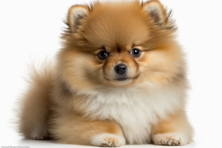 A Pomeranian Spitz puppy sits in front of a white background. Generative AIの素材