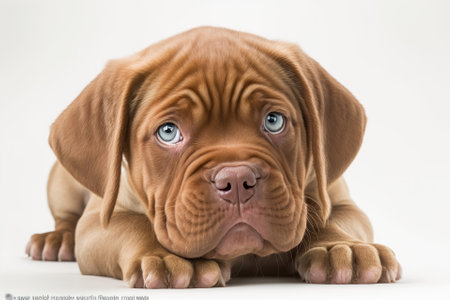 A 10 week old Dogue de Bordeaux puppy lying in front of a white background. Generative AIの素材