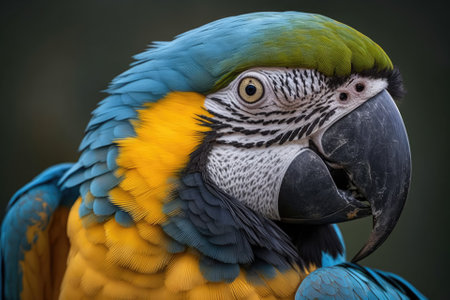 A close up of a blue and yellow macaw. Generative AIの素材