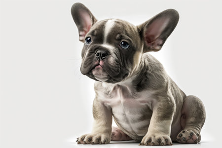 A French Bulldog puppy sits in front of you and looks around. Against a white background. Generative AIの素材