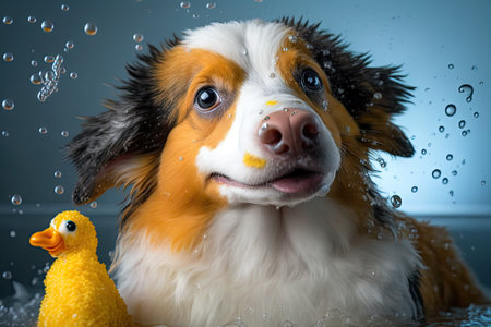 A cute and funny mixed breed dog at home taking a bath with foam, bubbles, and a yellow rubber duck. Care for pets and grooming. Generative AIの素材