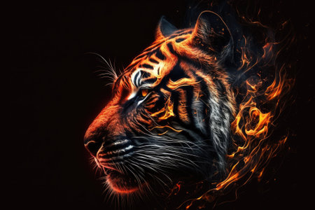 A close up of the head of a fire tiger is shown on a black background with copy space. A shows a tiger, which is a Chinese zodiac sign. Generative AIの素材