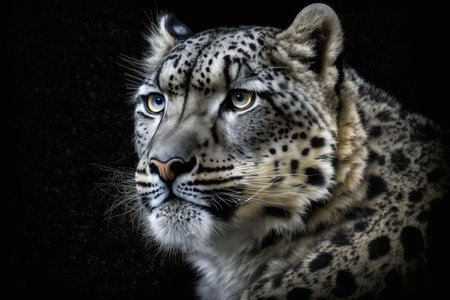 A black background shows a picture of a snow leopard. Generative AIの素材