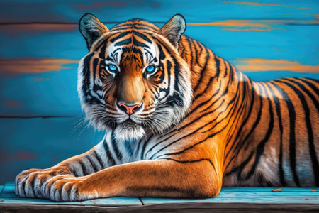 A black striped Siberian or Amur tiger is lying down on a wooden deck. Big size portrait. The blue background is blurry in this close up shot. Seeing wild animals, big cat. Generative AIの素材