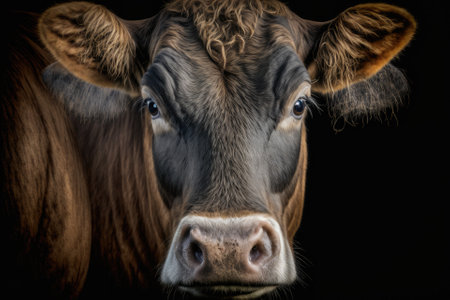A close up picture of a sad farm cow on a black background. Generative AIの素材