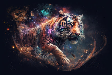 A colorful computer graphic collage of a magical space tiger. Generative AIの素材
