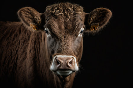 A close up shot of a brown cow on a black background. Generative AIの素材