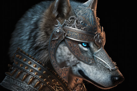 A cute wildlife wolf fantasy portrait wearing a complex filigree knights titanium armor helmet. Warrior wolf good for picture avatar ideas for T Shirt, Mug, and more. Generative AIの素材