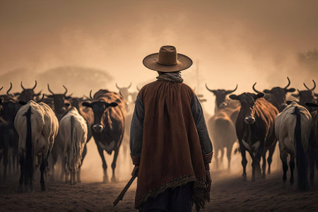 A herder in front of cattle on a farm. Generative AIの素材