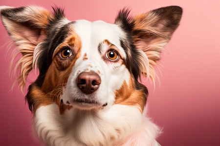 A beautiful dog breed photographed as a portrait on a pink background. studios shot. Focus on a funny pet. Pet Lover concept . Pets indoors. Pet care and the idea of animals. front view. Generative AIの素材