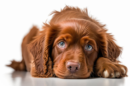 A cute red Cobberdog puppy is lying down with its head flat on the ground. Looking at the camera with eyes that look sad. Stands out against a white background. Generative AIの素材
