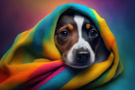 A cute dog with a warm blanket on a colored background. Generative AIの素材