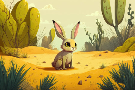 A cute beige rabbit with long dark ears and big eyes sitting on the yellow sand among the green thickets against a bright summer landscape. Generative AIの素材