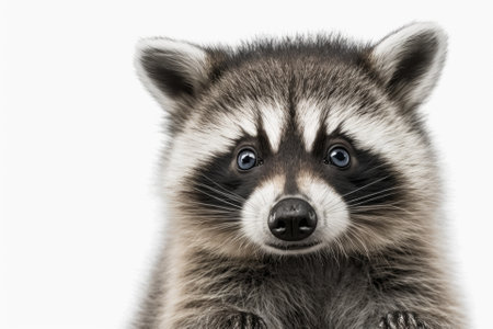 A close up portrait of a cute and funny raccoon, with a white background. Generative AIの素材
