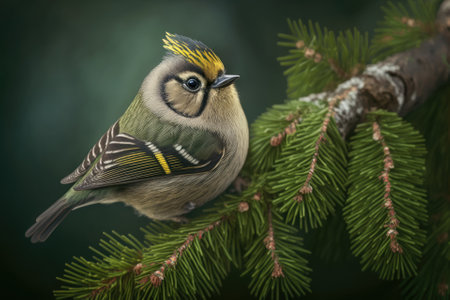A cute goldcrest perched on a spruce branch. Regulus regulus. The smallest songbird in Europe lives in the wild. Generative AIの素材
