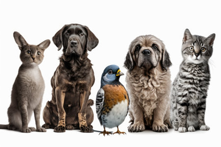 A group of pets is in front of you. stand out against a white background. Generative AIの素材