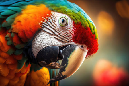 A colorful Macaw parrot eats and looks at the camera as it does so. Generative AIの素材