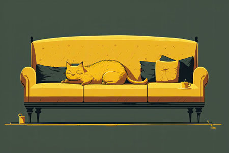 A cat is sleeping on a sofa that is mustard yellow. Generative AIの素材
