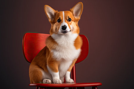 A cute red corgi sits on a chair against a light background with space for text. Generative AIの素材