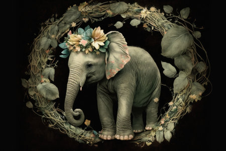 A cute picture of an elephant in a wreath. Generative AIの素材