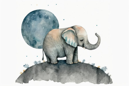 A cute elephant is sitting on the moon. It is a hand drawn watercolor illustration with a white background. Generative AIの素材