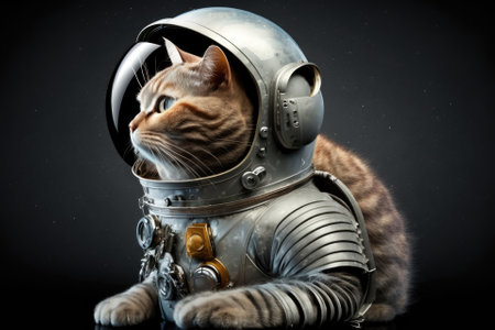 A funny cat in a space suit and a helmet on a gray background. Space cat from Britain. Thought out plan. Generative AIの素材