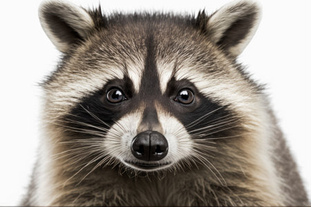 A close up portrait of a cute and funny raccoon, with a white background. Generative AIの素材