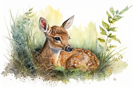 A cute deer is lying in the grass. Painting with watercolor. Generative AIの素材