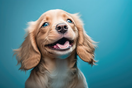 A happy dog puppy winks one eye and smiles on a blue background with its eyes closed. Generative AIの素材